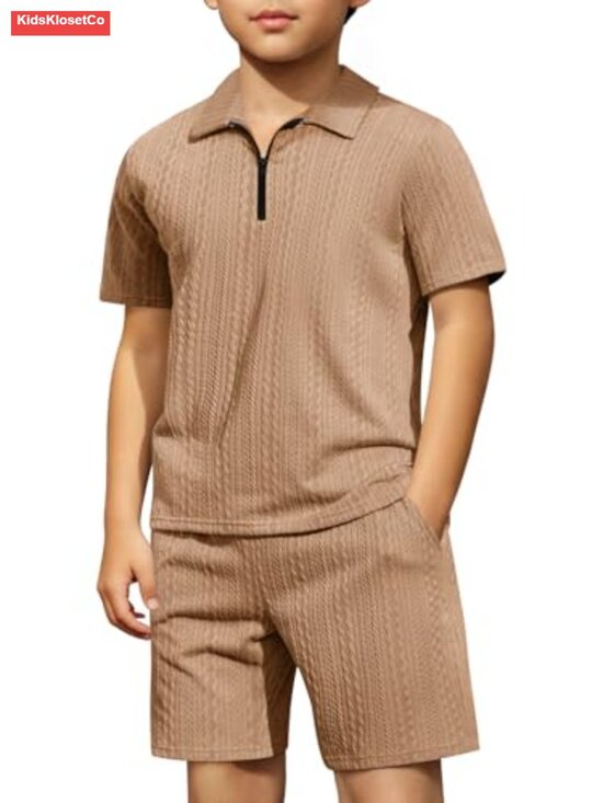 Other - Boys 2-Piece Summer Outfit Quarter Zip Polo Shirt & Shorts Set Athletic